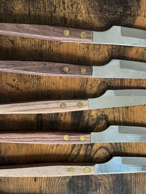 Classic Wood Handle Steak Knife Set — Natural Brown, VTG, Fair Condition